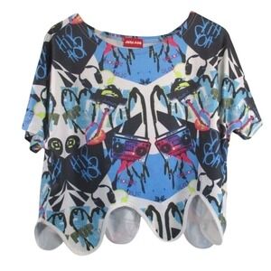 ACDC Rag Womens Scallop Hem Short Sleeve Shirt sz L Multicolor Hip Hop Harajuku